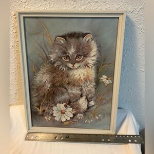 Vintage 60's Brown Eye Cat Print Framed Pop Art